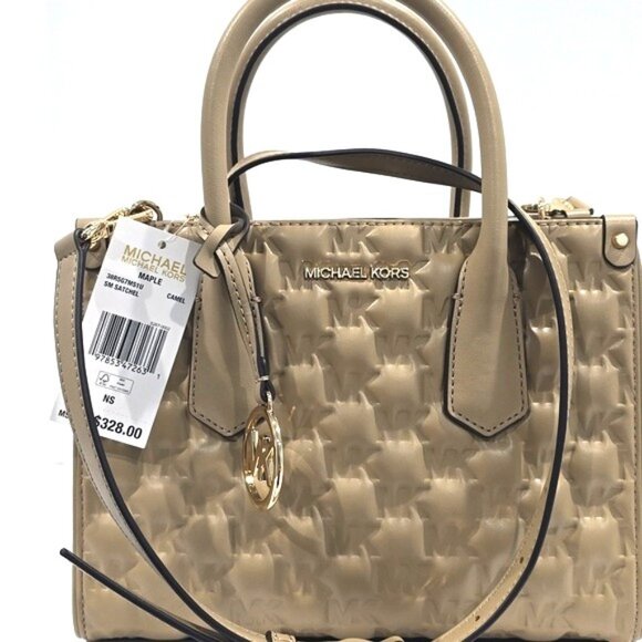 NWT ✅  Michael Kors MAPLE Small MK Embossed Leather Satchel CAMEL (Taupe) ✨NWT - Picture 4 of 14